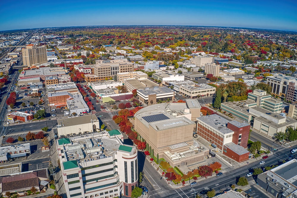 Aerial View of Downtown Modesto, California during Autumn